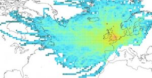 Relative frequency at which 5-day back trajectories passed over each 1x1ogrid cell before arriving at Weybourne (2000-1): red high frequency – blue low frequency.