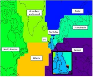 Defined regions for the NAME analysis. Local sectors defined as 0.5°E to 2°E and 0.5° from the coast northwards (marine) and 0.5° from the coast southwards (land) are shown in the zoomed in box.