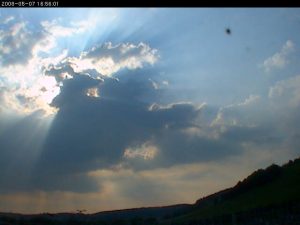 Image taken by the NCAS CDAO Sky-Camera at 2008-05-07 16:56:01 UTC showing Crepuscular Rays